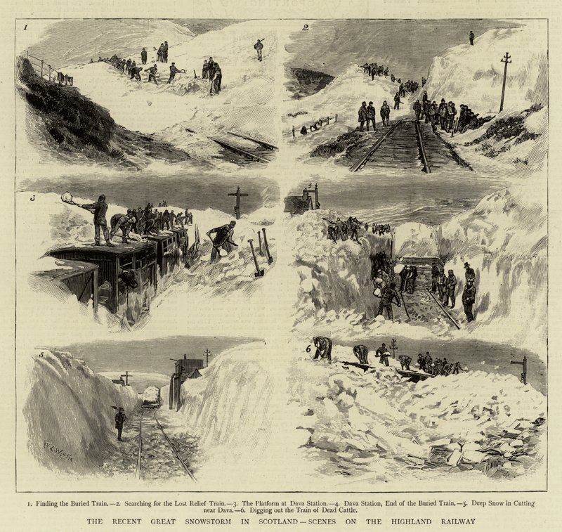 A recente grande tempestade de neve na Escócia, cenas na ferrovia Highland de William Lionel Wyllie