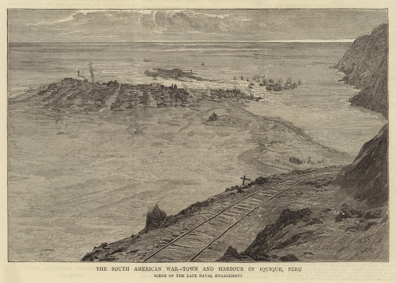 A Guerra Sul-Americana, Cidade e Porto de Iquique, Peru de William Lionel Wyllie