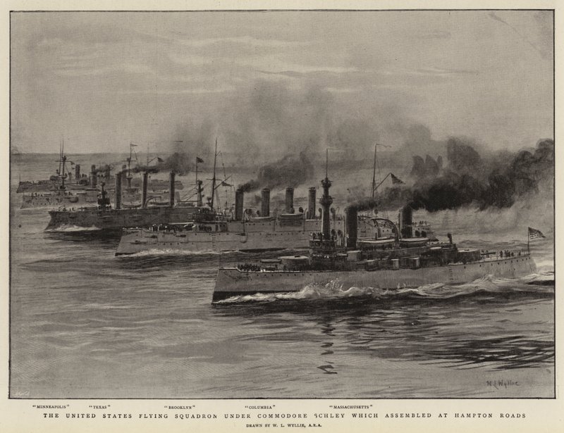 Os Estados Unidos voando Esquadrão sob Comodoro Schley, que se reuniu em Hampton Roads de William Lionel Wyllie
