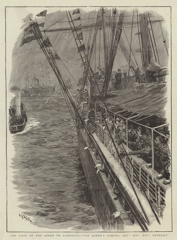 A visita da rainha a Liverpool, a rainha está chegando, quadril! Quadril! Viva! de William Lionel Wyllie