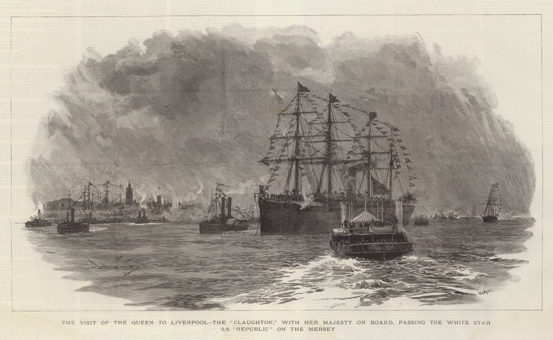 A Visita da Rainha a Liverpool, o Claughton, com Sua Majestade a bordo, passando pela White Star SS Republic no Mersey de William Lionel Wyllie