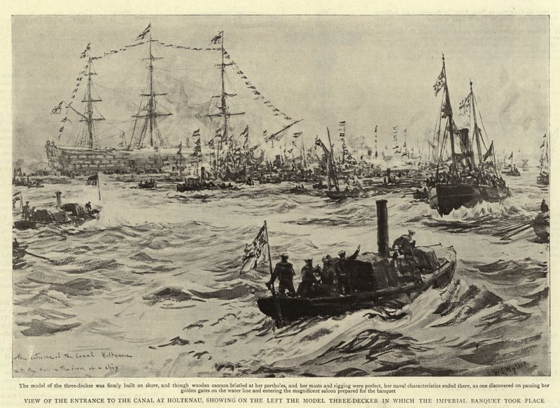 Vista da entrada para o canal em Holtenau, mostrando à esquerda o modelo de três andares em que o banquete imperial ocorreu de William Lionel Wyllie