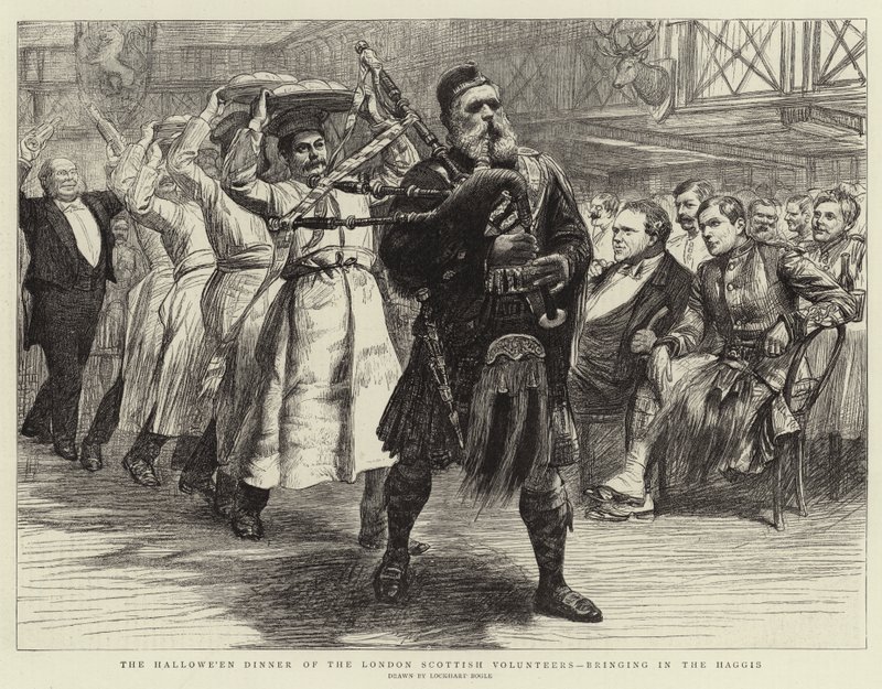O Jantar Hallowe&39;en dos Voluntários Escoceses de Londres, trazendo os Haggis de William Lockhart Bogle
