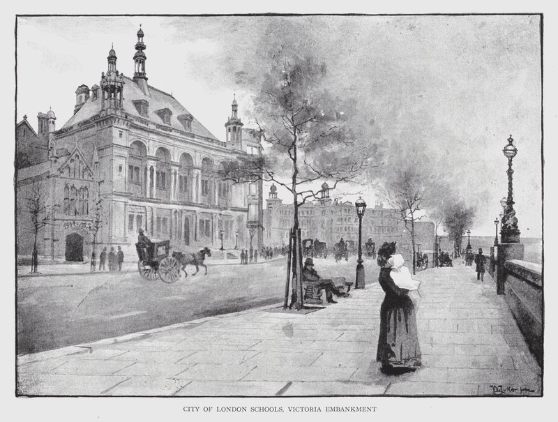Escolas da Cidade de Londres, Victoria Embankment (litho) de William Luker