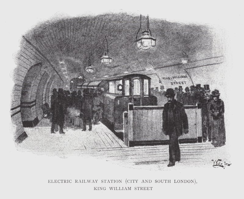 Estação Ferroviária Elétrica, City and South London, King William Street (litho) de William Luker