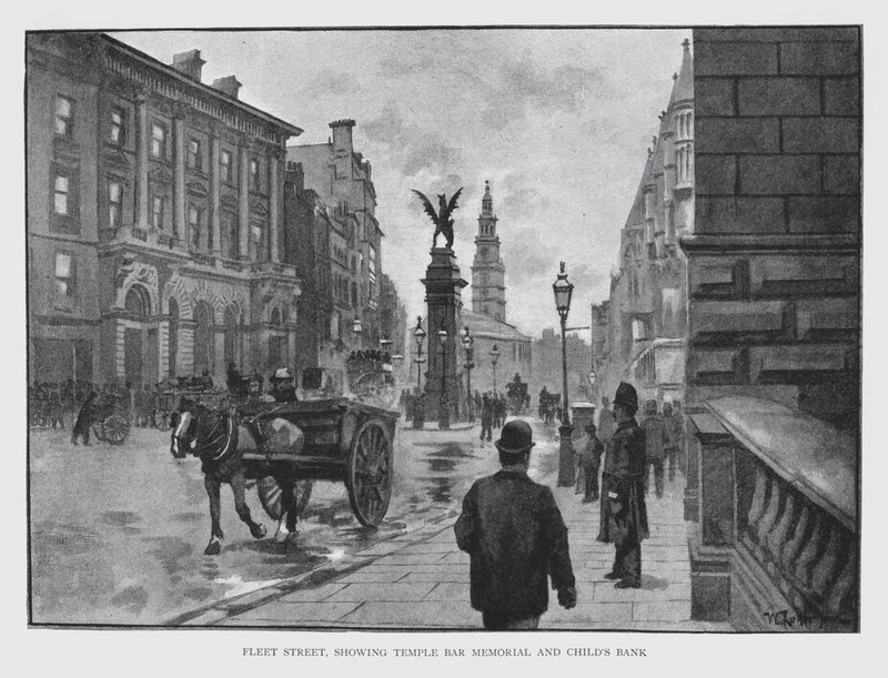 Fleet Street, mostrando o Temple Bar Memorial e o Banco da Criança (litho) de William Luker