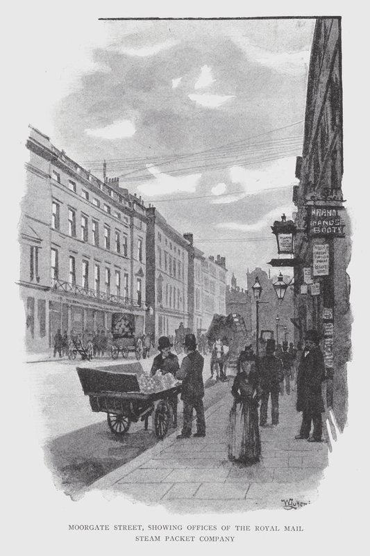 Moorgate Street, mostrando os escritórios da Royal Mail Steam Packet Company (litho) de William Luker