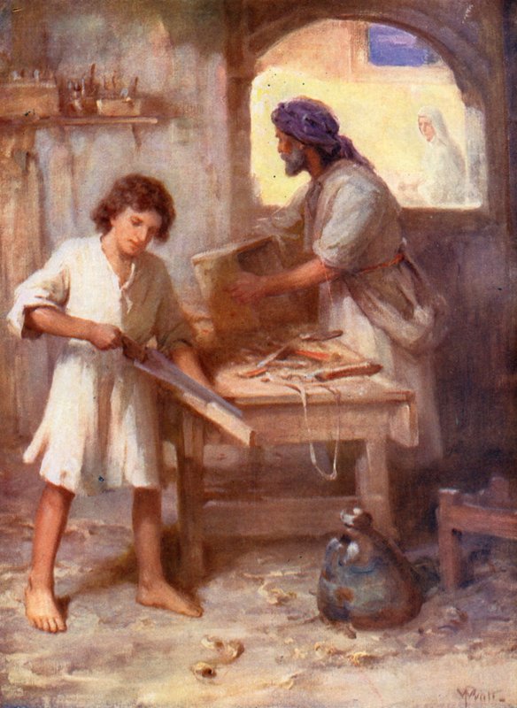 Jesus na oficina do carpinteiro, Lucas ii, 51, 52 (litografia a cores) de William Pratt