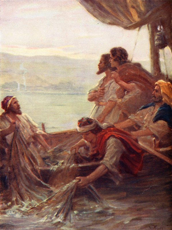 A manhã junto ao mar de Tiberíades, João xxi, 4-6 (litografia a cores) de William Pratt