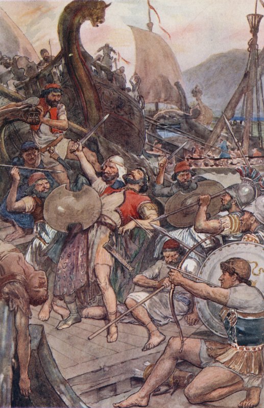 Morte do Almirante Persa em Salamis (cor litho) de William Rainey