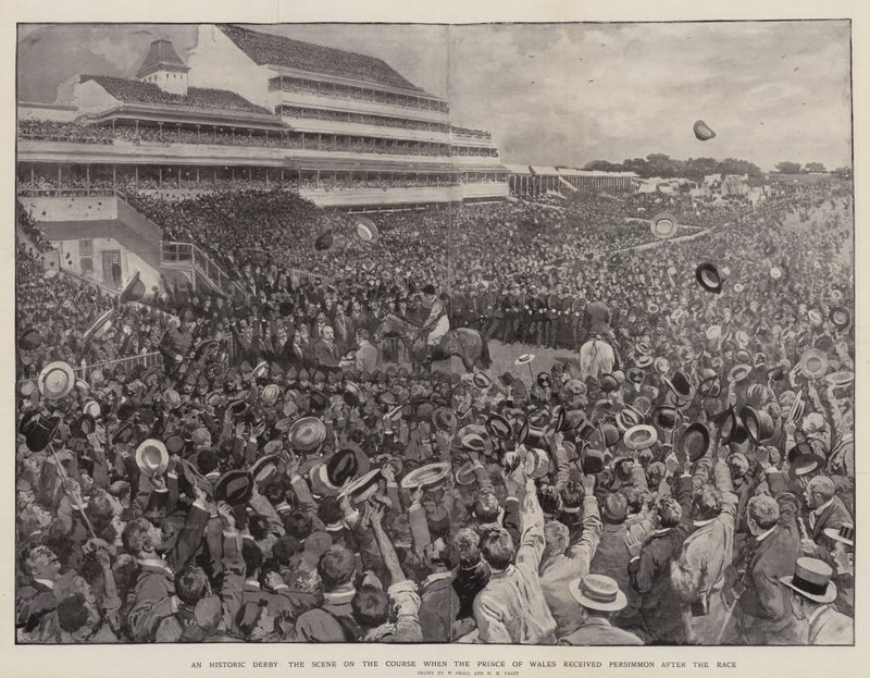 Um histórico Derby, a cena no curso, quando o Príncipe de Gales recebeu Persimmon após a corrida de William Small