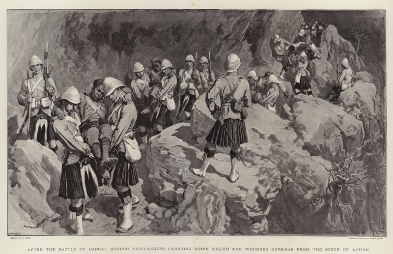 Após a Batalha de Dargai, os Highlanders de Gordon levando Gurkhas Assassinados e Feridos da Cena da Ação de William Small