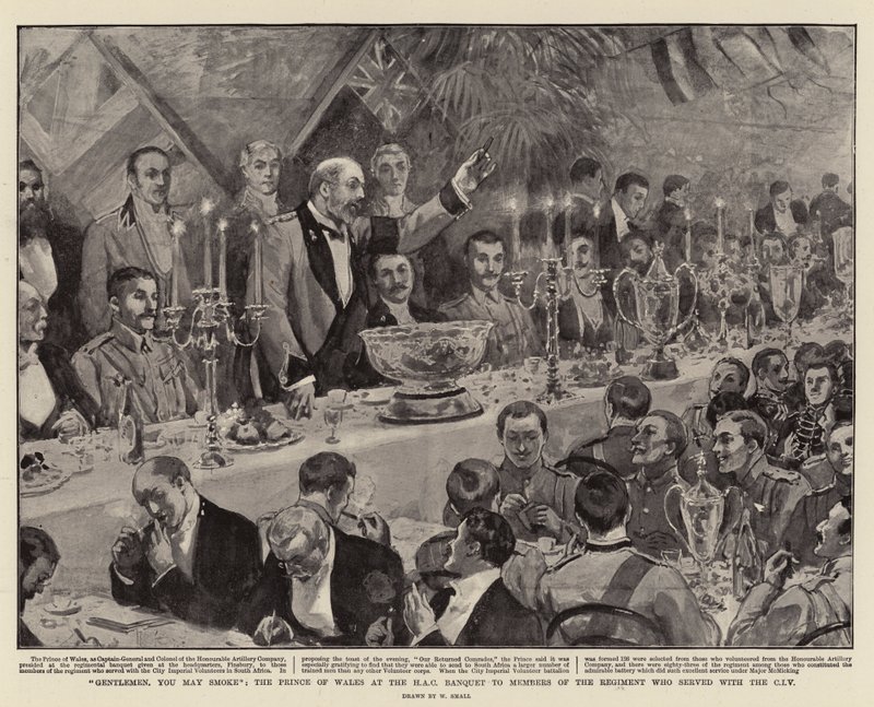 Senhores, você pode fumar, o Príncipe de Gales no Banquete HAC para os membros do Regimento que serviu com o CIV de William Small