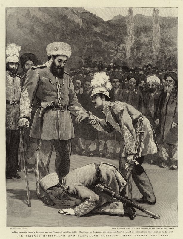 Os Príncipes Habibullah e Nasrullah cumprimentam seu Pai o Amir de William Small