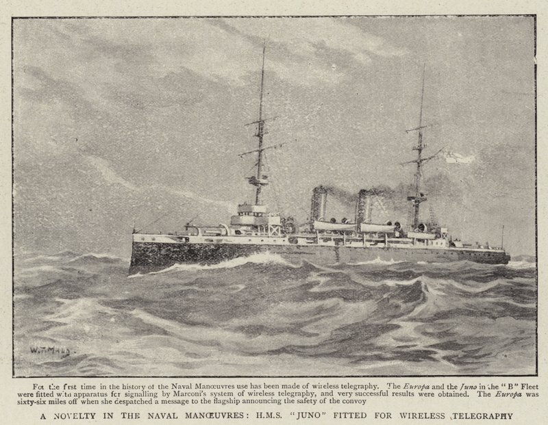 Uma novidade nas manobras navais, HMS Juno equipado para telegrafia sem fio de William T. Maud