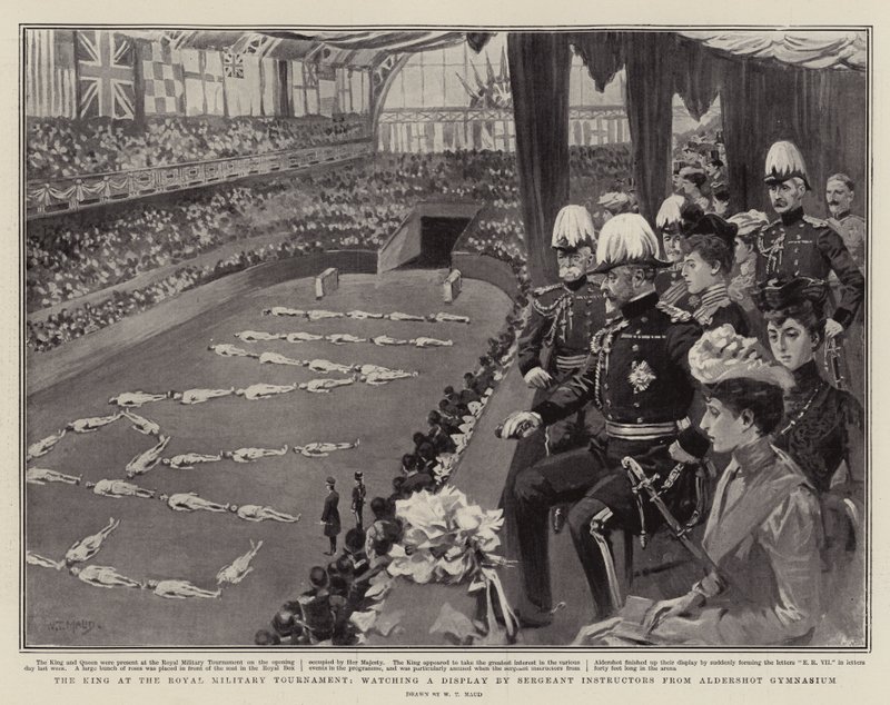 O rei no Royal Military Tournament, assistindo a uma exibição de instrutores de sargento do ginásio Aldershot de William T. Maud