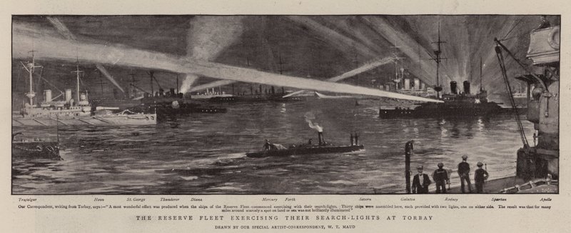 A frota de reserva exercita suas luzes de busca em Torbay de William T. Maud