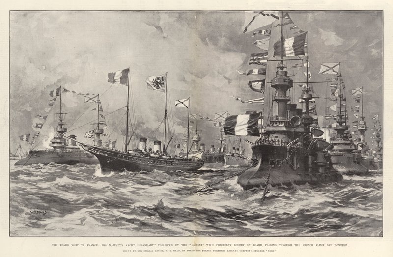 Visita do czar a França, Yacht Standart de Sua Majestade, seguida pela Cassini com o Presidente Loubet a bordo, passando pela frota francesa de Dunquerque de William T. Maud