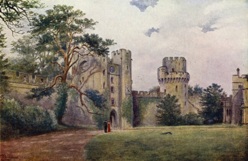 Castelo de Warwick: Relógio e Torres de César (lito colorido) de William W. Quatremain