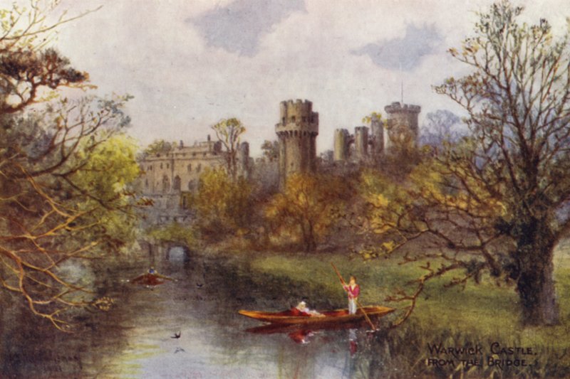 Castelo de Warwick, a partir da Ponte (cor litho) de William W. Quatremain