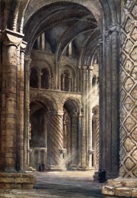 Durham, Interior da Catedral, olhando através da nave para o Transepto Sul (lito colorido) de William Wiehe Collins