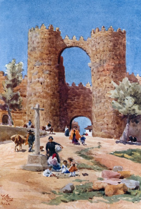 Porta de entrada em Ávila, Puerta de San Vicente (cor litho) de William Wiehe Collins