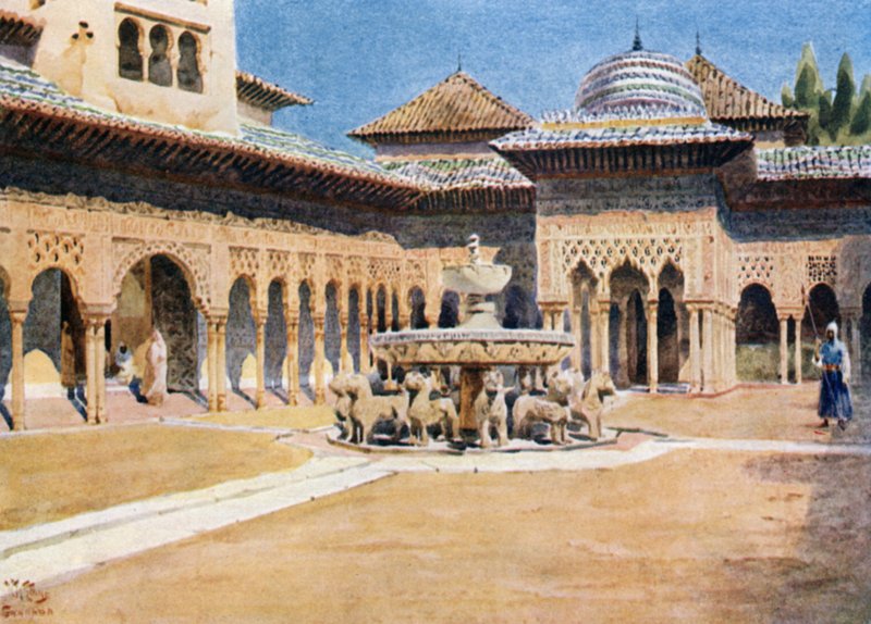 Granada, Alhambra, Corte dos Leões (lito colorido) de William Wiehe Collins