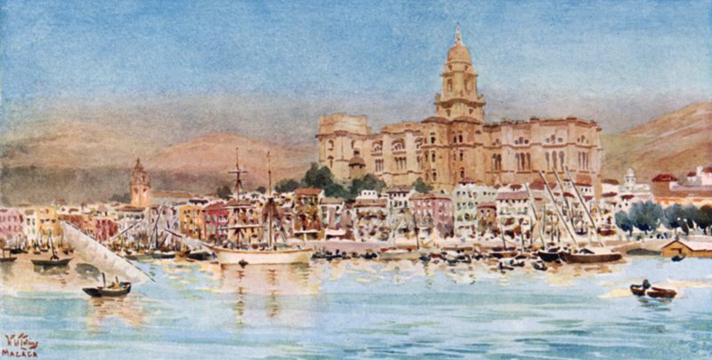 Málaga, vista do porto (cor litho) de William Wiehe Collins
