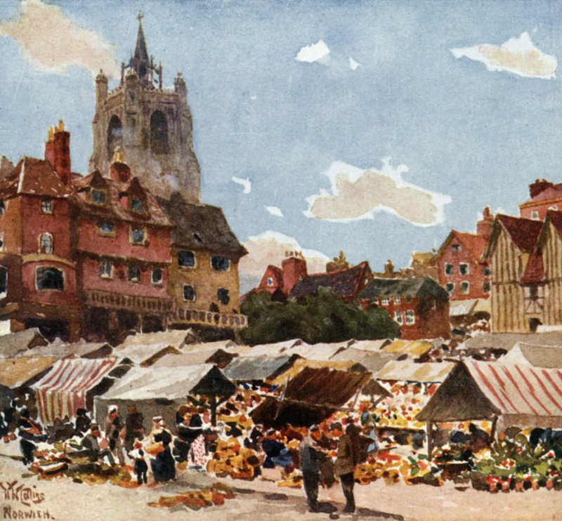 Norwich, o Market Place (lito colorido) de William Wiehe Collins