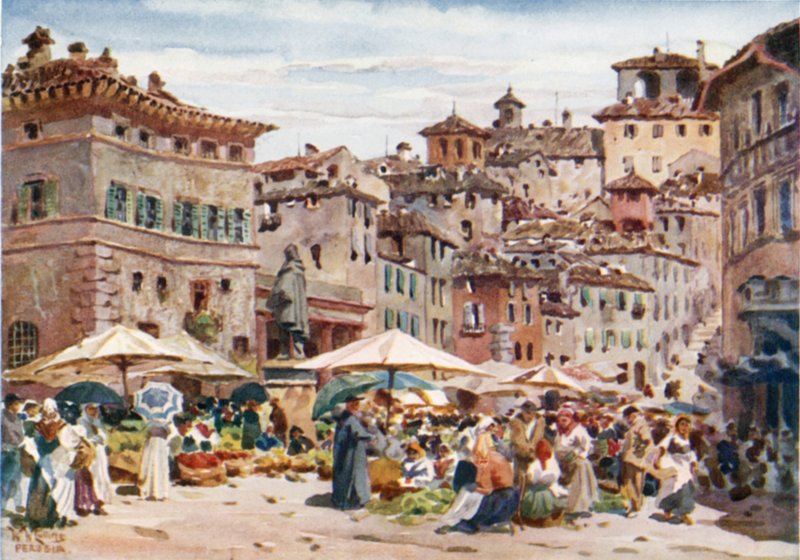 Perúgia. A Piazza Garibaldi (lito colorido) de William Wiehe Collins