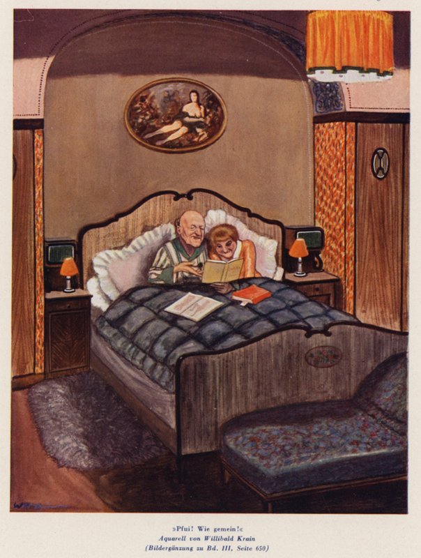 Casal olhando livros eróticos na cama (aquarela) de Willibald Krain