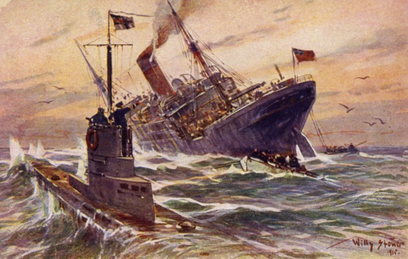 Destruição de um navio mercante britânico por um submarino alemão, Primeira Guerra Mundial de Willy Stöwer