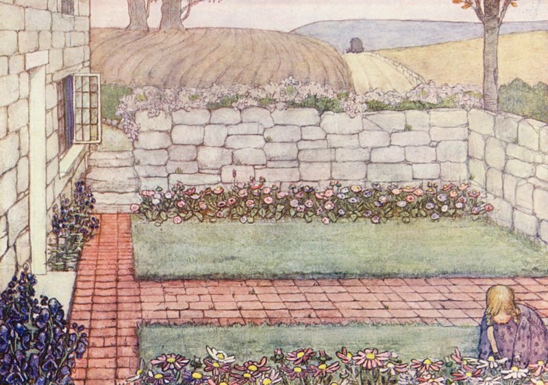 Livro infantil de jardinagem: Uma casa de campo da Cornualha (litografia a cores) de Winifred Cayley Robinson