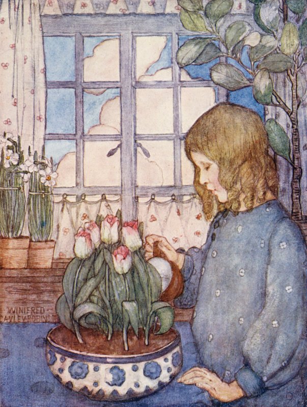 Livro infantil de jardinagem: Um jardim de quarto na primavera (litografia a cores) de Winifred Cayley Robinson
