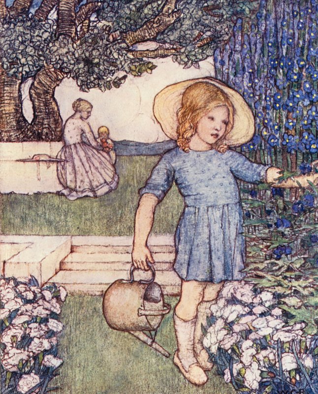 Livro infantil de jardinagem: Larkspurs e Pinks (litografia a cores) de Winifred Cayley Robinson