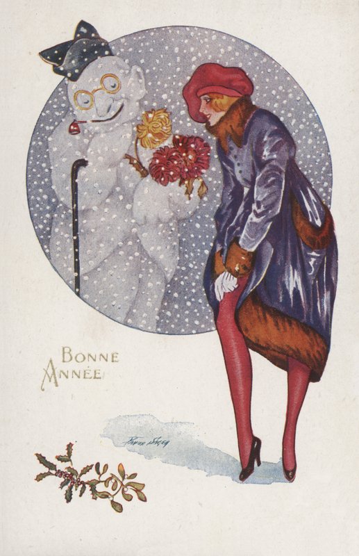 Cartão de ano novo com uma garota e um boneco de neve de Xavier Sager