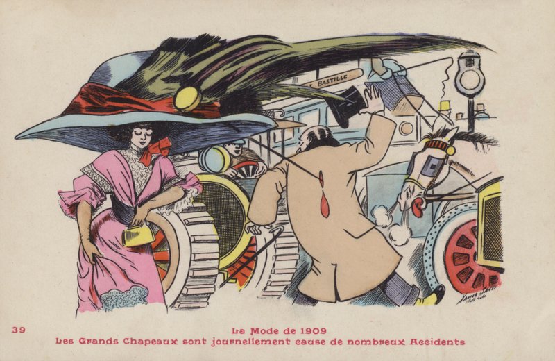 Postal satirizando os perigos dos grandes chapéus e alfinetes de chapéu associados - a moda de 1909 de Xavier Sager