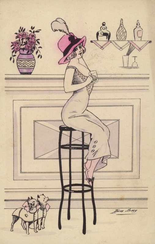 Mulher, sentando, barzinhos, tamborete, bebendo, palha de Xavier Sager