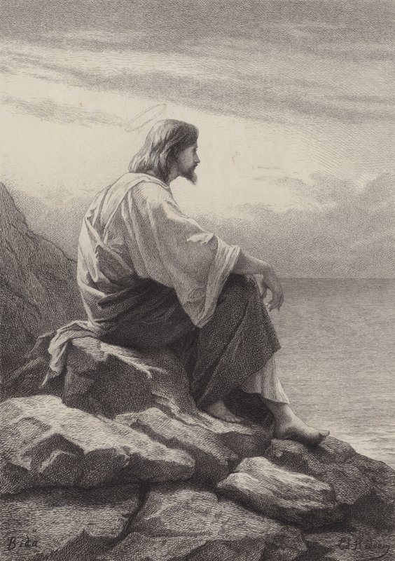 Jesus sentado ao lado do mar de after Albert Robida