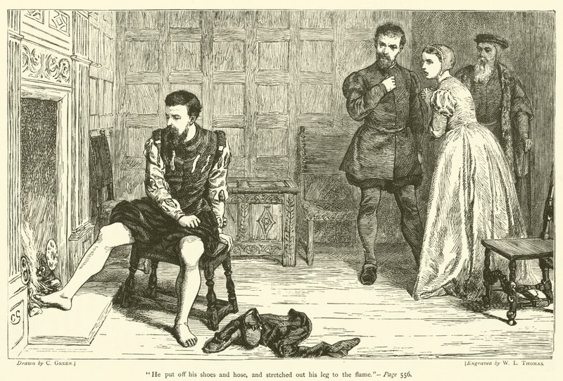 Ele tirou os sapatos e a mangueira e esticou a perna para a chama de after Charles Green