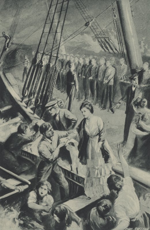 Os homens do Birkenhead ficam atentos enquanto o navio desce nas águas de after Charles Mills Sheldon