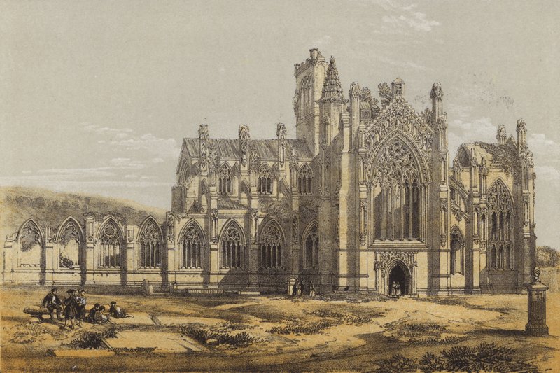 Melrose Abbey, do Sul (cromolito) de after David Roberts