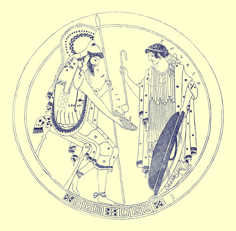 Um guerreiro sentado segura sua taça de vinho, ilustração de Grego Vase Paintings por JE Harrison e DS MacColl, publicado em 1894 (imagem aprimorada digitalmente) de after English School