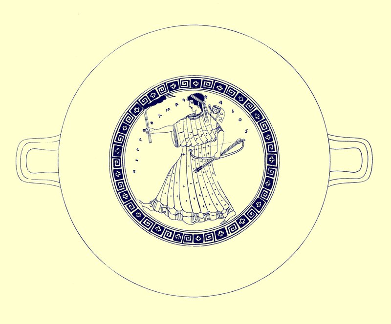 Artemis com arco, flecha e tocha, ilustração de pinturas em vaso grego por JE Harrison e DS MacColl, publicado em 1894 (imagem aprimorada digital) de after English School