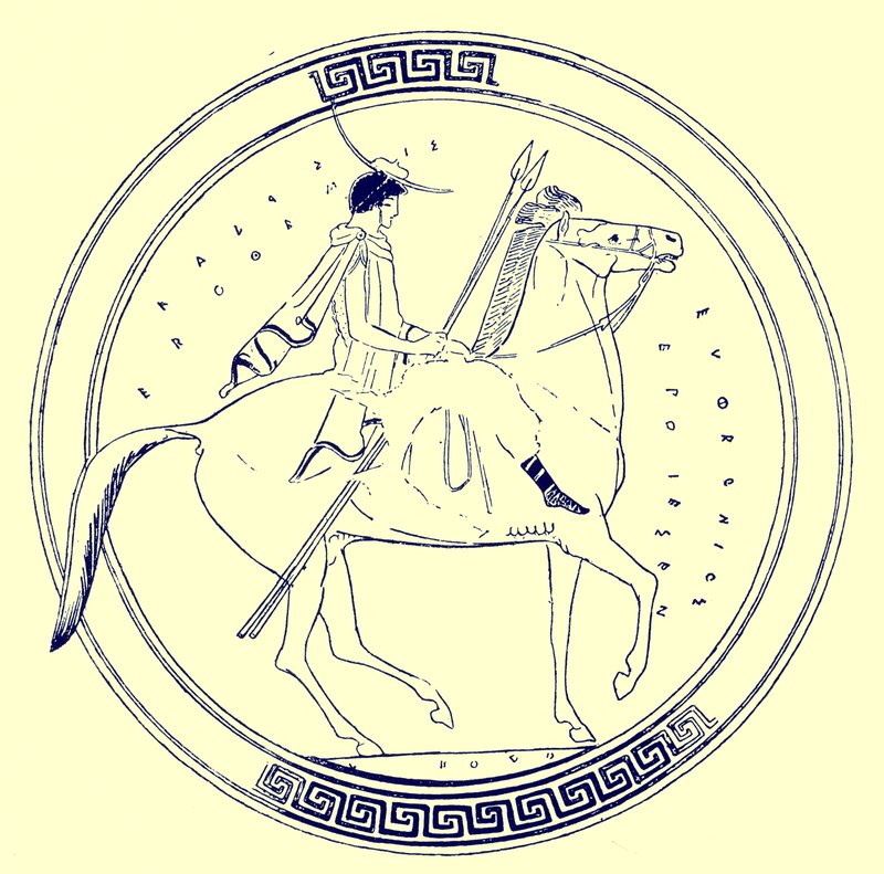 Menino a cavalo, ilustração de pinturas em vaso grego por JE Harrison e DS MacColl, publicado em 1894 (imagem aprimorada digitalmente) de after English School