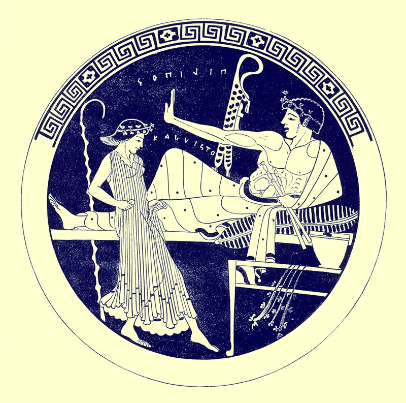 A menina de dança e a juventude do deleite, ilustração das pinturas gregas do vaso por JE Harrison e por DS MacColl, publicaram 1894 (imagem realçada digital) de after English School