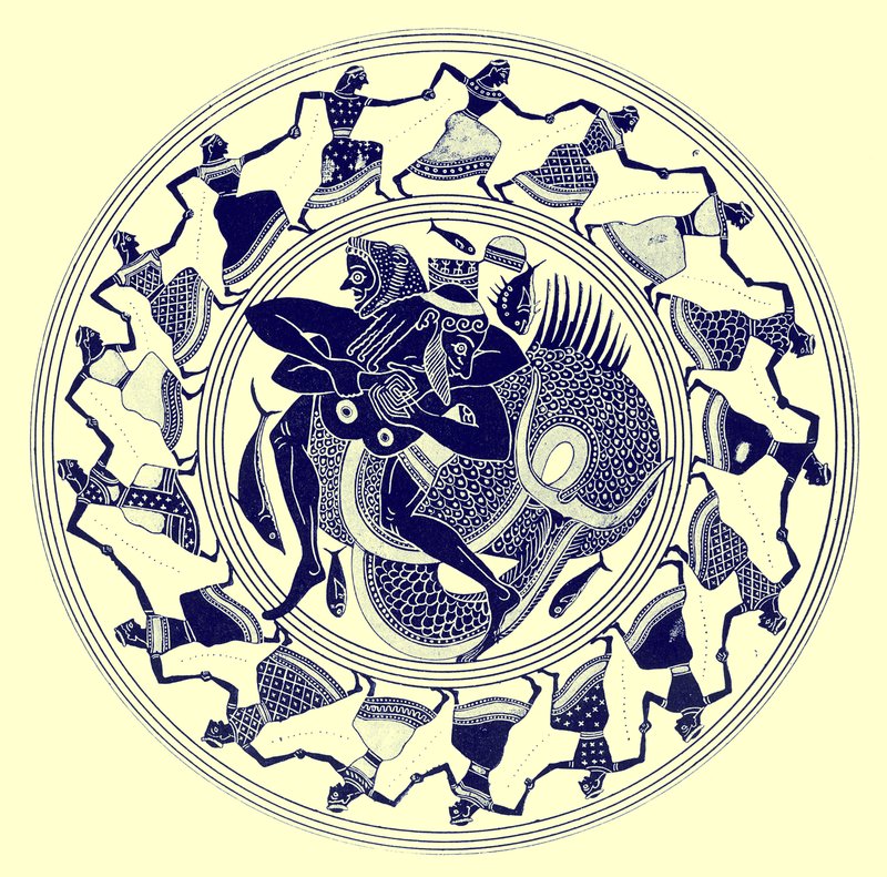 Herakles lutando com Triton, ilustração de Grego Vase Paintings por JE Harrison e DS MacColl, publicado em 1894 (digitaly enhanced image) de after English School
