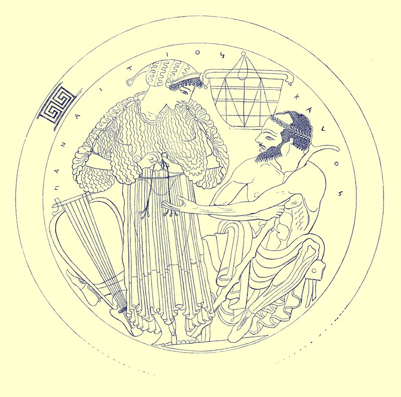 Interior de Cylix por Euphronios, ilustração de pinturas de vaso grego por JE Harrison e DS MacColl, publicado em 1894 (imagem aprimorada digital) de after English School
