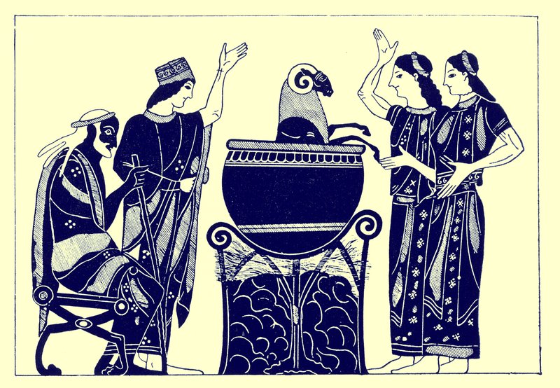 Medea Boiling the Ram, ilustração de Grego Vase Paintings por JE Harrison e DS MacColl, publicado em 1894 (imagem aprimorada digitalmente) de after English School