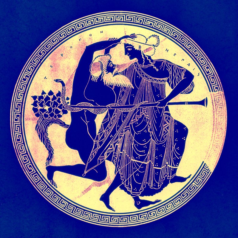 Sátiro e Maenad, ilustração da Greek Vase Paintings por JE Harrison e DS MacColl, publicada em 1894 (imagem digitalmente melhorada) de after English School